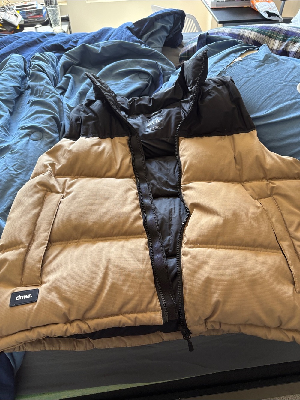 Zara Two-Tone Puffer Vest in Black and Tan